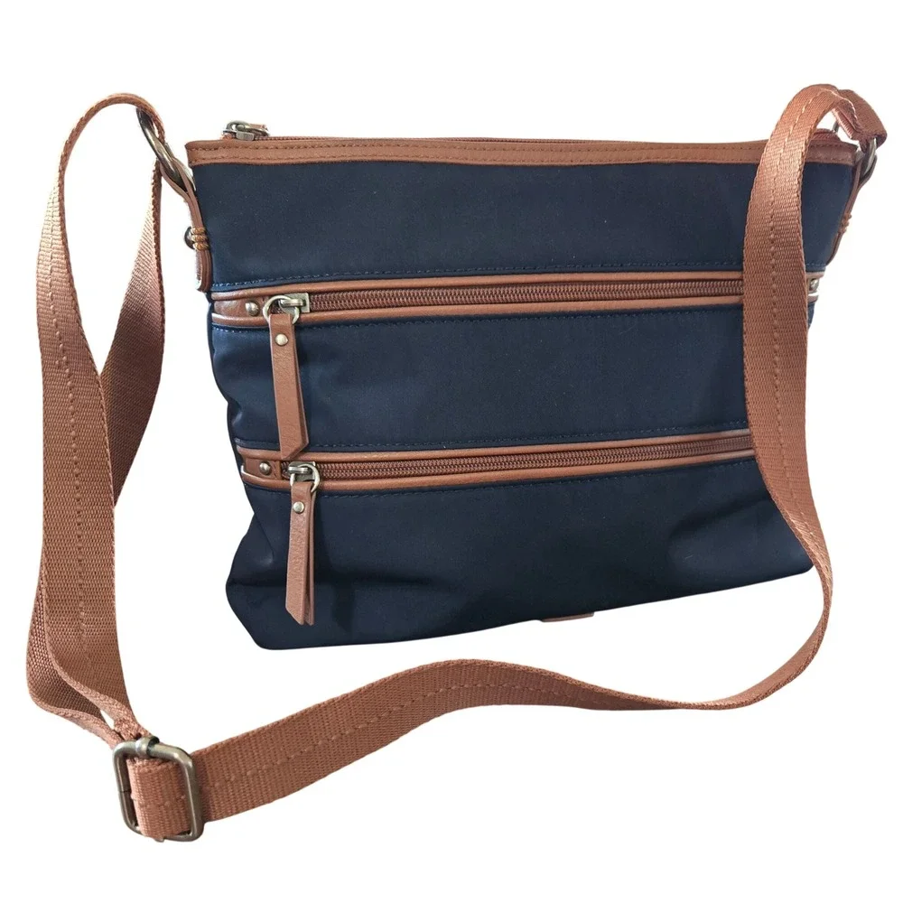 The Sak Classic Chic Navy Blue Nylon Crossbody Bag Tan Trim Organizer Travel